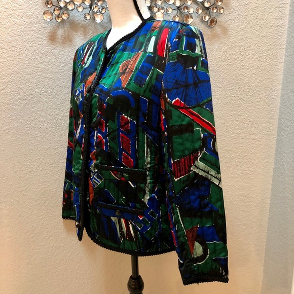 Howard‎ Wolf Jacket Women's 6 Black Green Colorful Bold Abstract Silky VNTG 80s - Picture 4 of 11